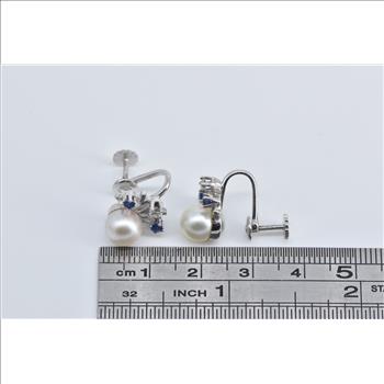 14K Pearl Sapphire Diamond Burst Screw Back White Gold Earrings