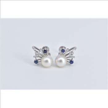 14K Pearl Sapphire Diamond Burst Screw Back White Gold Earrings