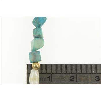 14K Pearl Square Turquoise Beaded Statement Yellow Gold Bracelet 6.5