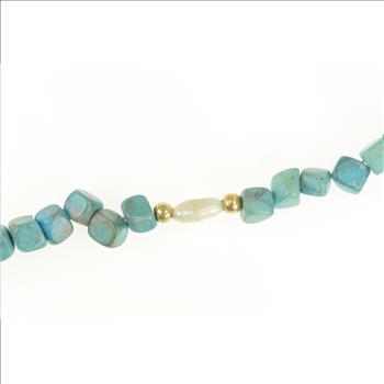 14K Pearl Square Turquoise Beaded Statement Yellow Gold Bracelet 6.5