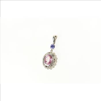14K Pink & Lilac Sapphire Ornate Diamond Halo White Gold Pendant