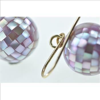14K Pink Mother of Pearl Encrusted Ball Dangle Yellow Gold Earrings