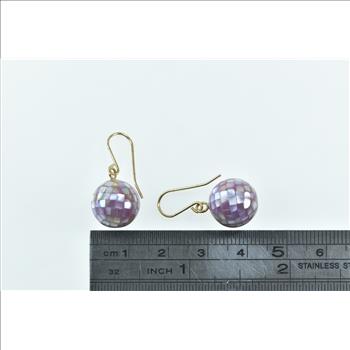 14K Pink Mother of Pearl Encrusted Ball Dangle Yellow Gold Earrings
