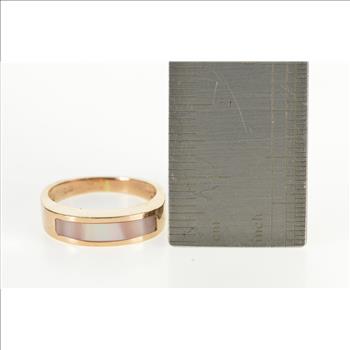 14K Pink Mother of Pearl Inlay Wedding Band Yellow Gold Ring, Size 4
