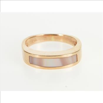 14K Pink Mother of Pearl Inlay Wedding Band Yellow Gold Ring, Size 4