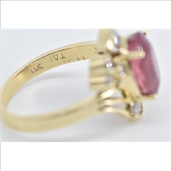 14K Pink Tourmaline Baguette Diamond Statement Yellow Gold Ring, Size 7.75