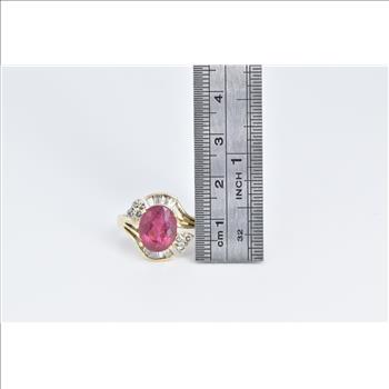 14K Pink Tourmaline Baguette Diamond Statement Yellow Gold Ring, Size 7.75