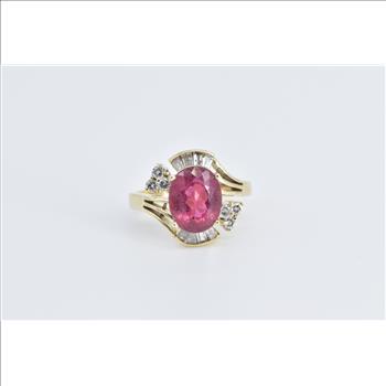 14K Pink Tourmaline Baguette Diamond Statement Yellow Gold Ring, Size 7.75