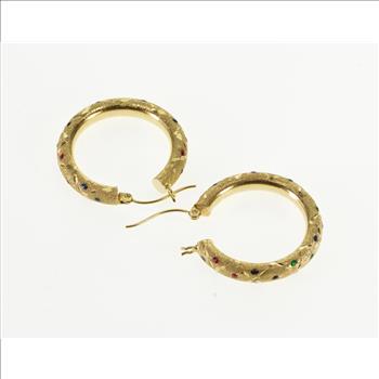 14K Pitted Textured Green Red Blue Enamel Hoop Yellow Gold EarRings