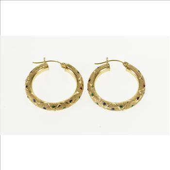 14K Pitted Textured Green Red Blue Enamel Hoop Yellow Gold EarRings