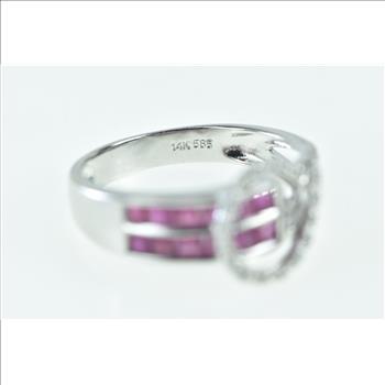 14K Princess Cut Ruby Diamond Loop Statement White Gold Ring, Size 6.75