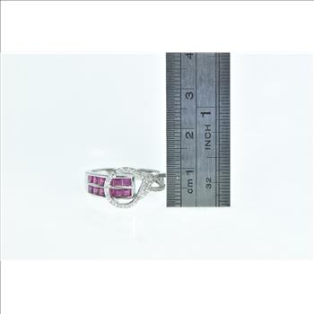 14K Princess Cut Ruby Diamond Loop Statement White Gold Ring, Size 6.75