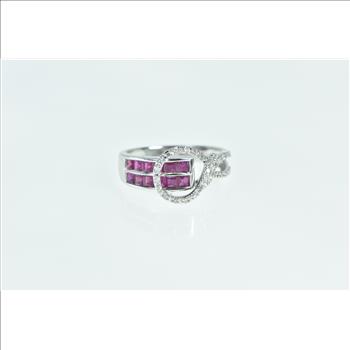 14K Princess Cut Ruby Diamond Loop Statement White Gold Ring, Size 6.75