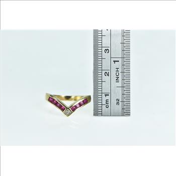 14K Princess Ruby Chevron Diamond Vintage Yellow Gold Ring, Size 6.75