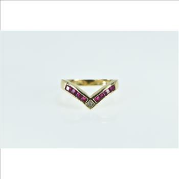 14K Princess Ruby Chevron Diamond Vintage Yellow Gold Ring, Size 6.75
