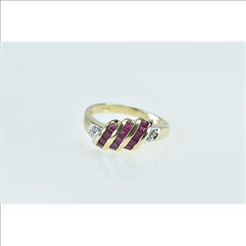 14K Princess Ruby Curved Diamond Statement Yellow Gold Ring, Size 7