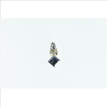 14K Princess Sapphire Diamond Squared White Gold Pendant