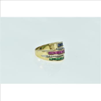 14K Princess Sapphire Ruby Diamond Bypass Yellow Gold Ring, Size 7.25