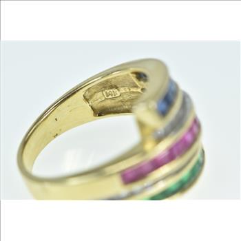 14K Princess Sapphire Ruby Diamond Bypass Yellow Gold Ring, Size 7.25