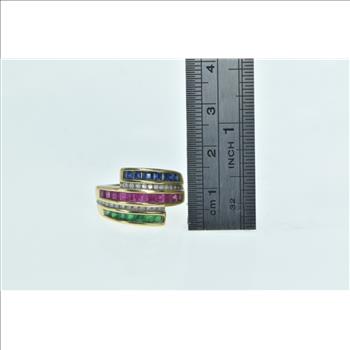 14K Princess Sapphire Ruby Diamond Bypass Yellow Gold Ring, Size 7.25