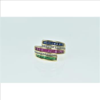 14K Princess Sapphire Ruby Diamond Bypass Yellow Gold Ring, Size 7.25