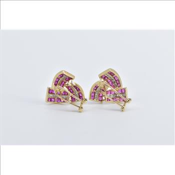 14K Princess Syn. Ruby Diamond Triangle Twist Yellow Gold Earrings