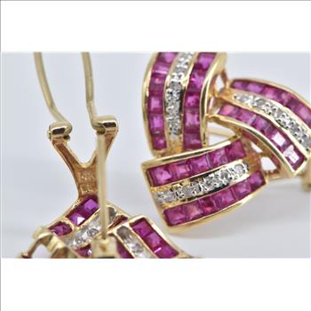14K Princess Syn. Ruby Diamond Triangle Twist Yellow Gold Earrings