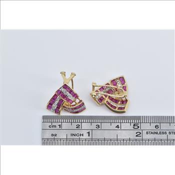 14K Princess Syn. Ruby Diamond Triangle Twist Yellow Gold Earrings
