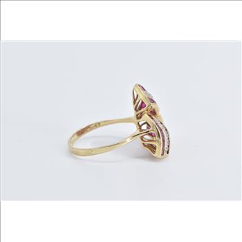 14K Princess Syn. Ruby Diamond Triangle Twist Yellow Gold Ring, Size 9.25