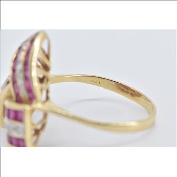 14K Princess Syn. Ruby Diamond Triangle Twist Yellow Gold Ring, Size 9.25