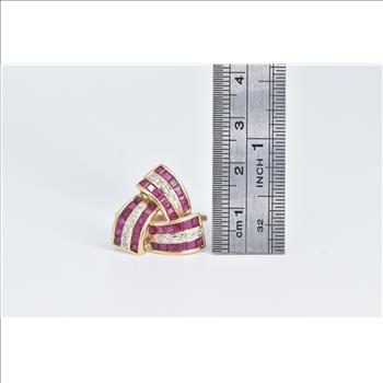 14K Princess Syn. Ruby Diamond Triangle Twist Yellow Gold Ring, Size 9.25