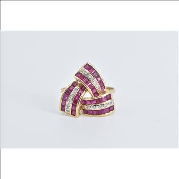 14K Princess Syn. Ruby Diamond Triangle Twist Yellow Gold Ring, Size 9.25