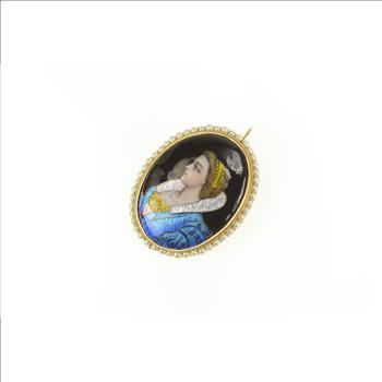 14K R Blancher Limoges Ornate Pearl Oval Yellow Gold Pendant/Pin