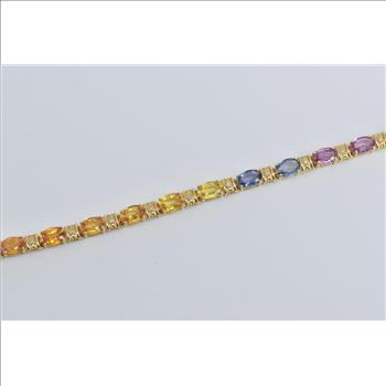 14K Rainbow Sapphire Diamond Gradient Tennis Yellow Gold Bracelet 7.25