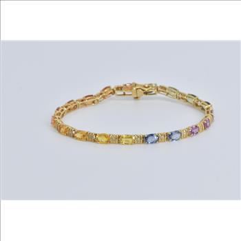 14K Rainbow Sapphire Diamond Gradient Tennis Yellow Gold Bracelet 7.25