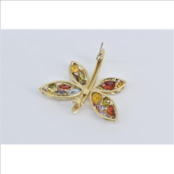 14K Rainbow Stone Encrusted Dragonfly Statement Yellow Gold Pin/Brooch