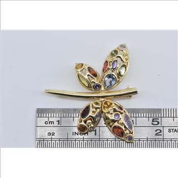14K Rainbow Stone Encrusted Dragonfly Statement Yellow Gold Pin/Brooch