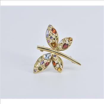 14K Rainbow Stone Encrusted Dragonfly Statement Yellow Gold Pin/Brooch