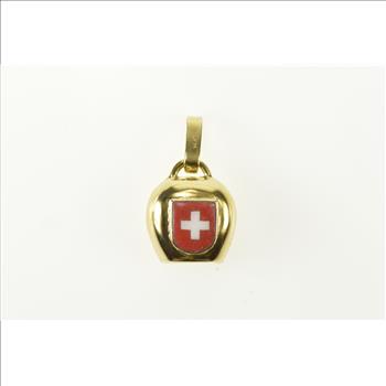 14K Red Enamel Swiss Cross 3D Cowbell Yellow Gold Pendant