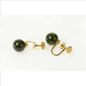 14K Retro 1960's Nephrite Sphere Screw Back Yellow Gold Earrings