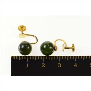 14K Retro 1960's Nephrite Sphere Screw Back Yellow Gold Earrings