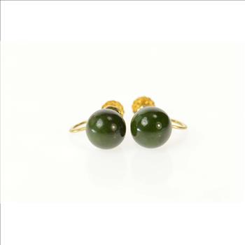 14K Retro 1960's Nephrite Sphere Screw Back Yellow Gold Earrings