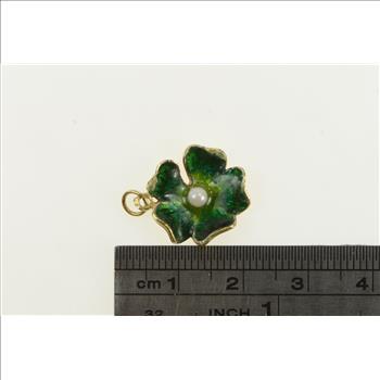 14K Retro Green Enamel Pearl Blossom Flower Yellow Gold Charm/Pendant