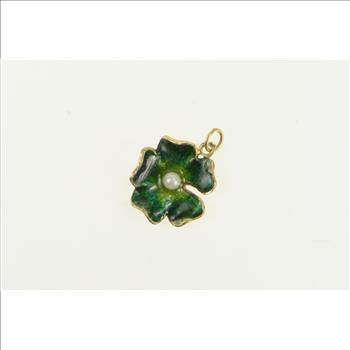 14K Retro Green Enamel Pearl Blossom Flower Yellow Gold Charm/Pendant
