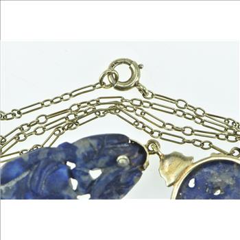 14K Retro Ornate Carved Lapis Lazuli Floral Drop Yellow Gold Necklace 16