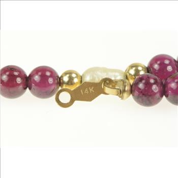 14K Rhodolite Garnet Pearl Beaded Link Yellow Gold Bracelet 7