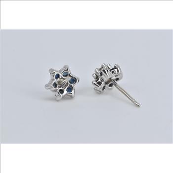 14K Round Diamond Sapphire Halo Flower Stud White Gold Earrings