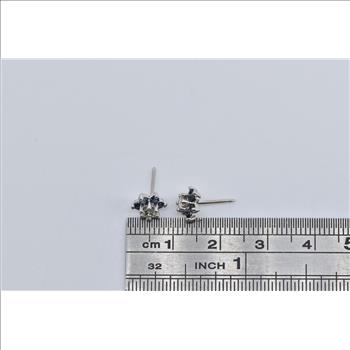 14K Round Diamond Sapphire Halo Flower Stud White Gold Earrings