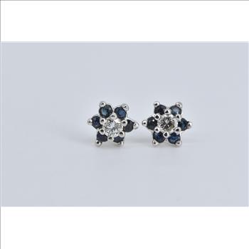 14K Round Diamond Sapphire Halo Flower Stud White Gold Earrings