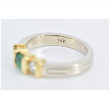 14K Round Emerald Diamond Accent Vintage White Gold Ring, Size 3